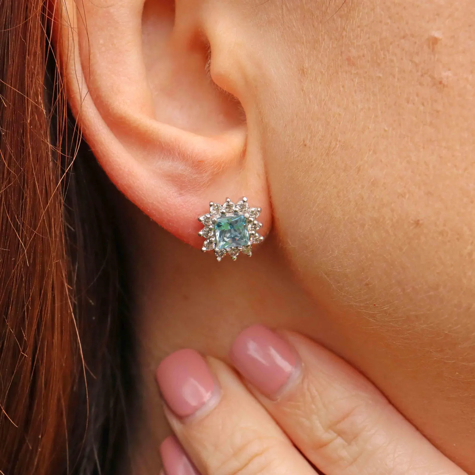 Princess-Cut Aquamarine & Diamond 18ct White Gold Cluster Stud Earrings